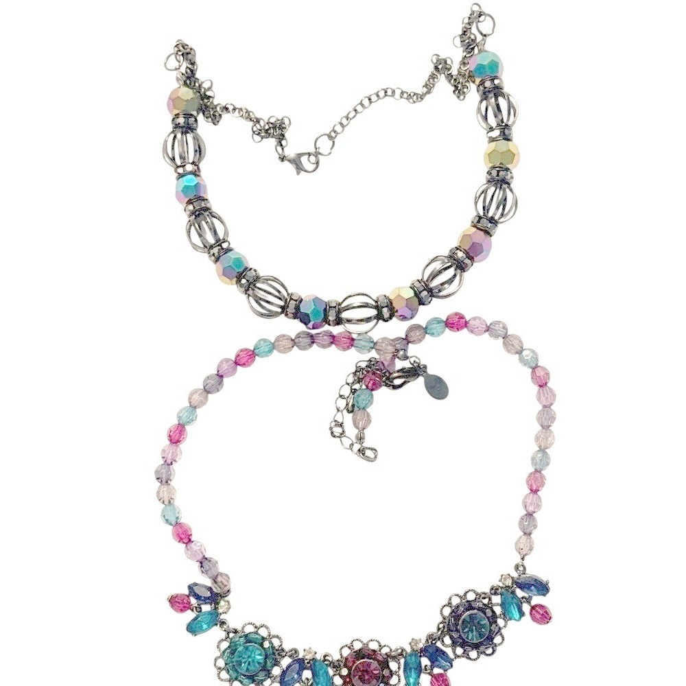 Set of 2 Floral Bib & Iridescent AB Bead Necklaces Gunmetal Statement Jewelry